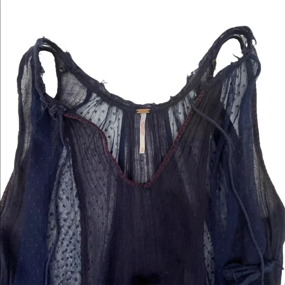 Free People Navy Blue Sheer Swiss Dot Gauze Maxi Dress Boho Oversized A-Line XS - Picture 11 of 12